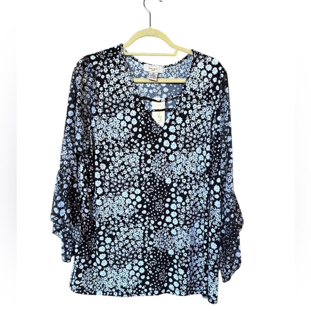 Diana Belle Woman Floral Long Sleeve Blouse Black‎ White Ditsy Print NWT Size 2X
